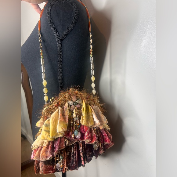Mary Frances Vintage Beautiful BOHO Velvet Stone Bag Beaded - Picture 5 of 14